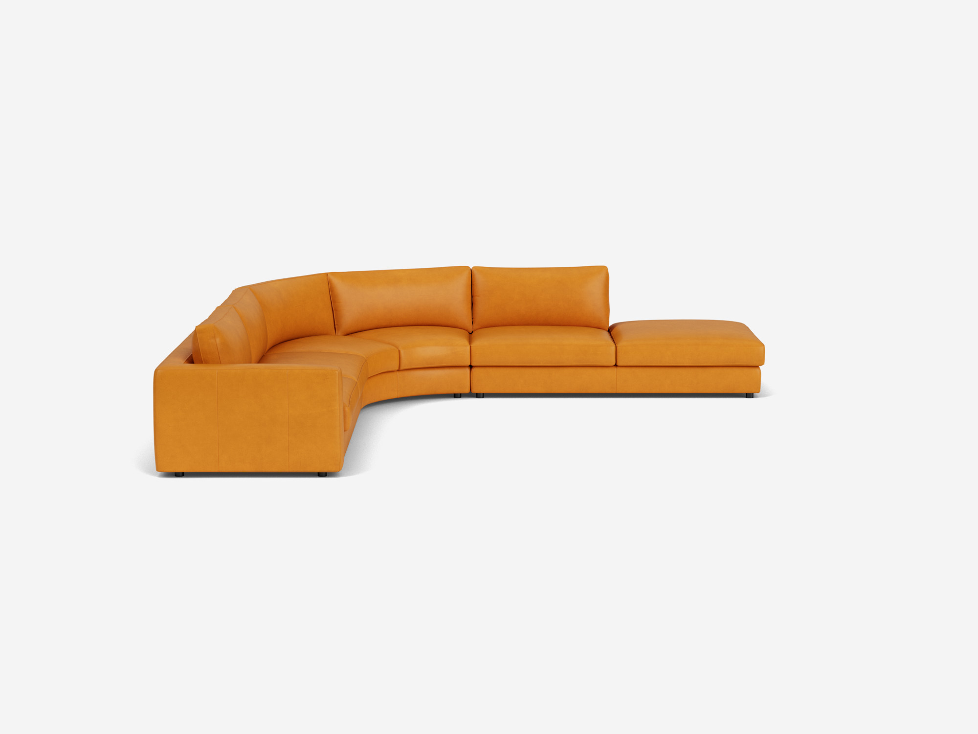 Side view of right hand facing orange leather sectional sofa